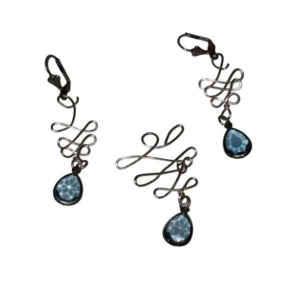 Blue Chrystal Dangle Silver Earrings & Pendant Vintage Artisan Jewelry Set - Picture 1 of 6